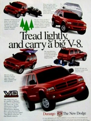 Dodge Durango 1998 vintage pisada ligeramente y lleva un anuncio impreso original de 8 grandes V Foto 1 de 4