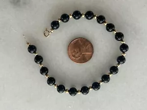 14K Gold Schwarz Onyx Gold Perlen Schmuck Armband 7 Zoll - Bild 1 von 2