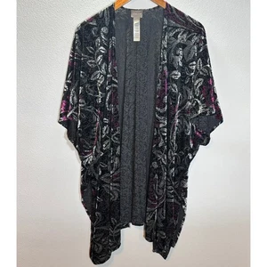 Chico’s L/XL Burnout Velvet Open Front Kimono Cardigan Black Purple Floral - Picture 1 of 4