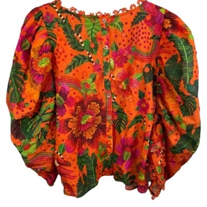 Farm Rio Baumwolle Blühender Garten Blumen bestickt Top Damen L Boho - Bild 1 von 7