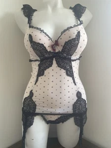 Sexy creme schwarz Mieder Set 34D + UK 10-12 Tanga Dessous mit Strapsträgern - Bild 1 von 11