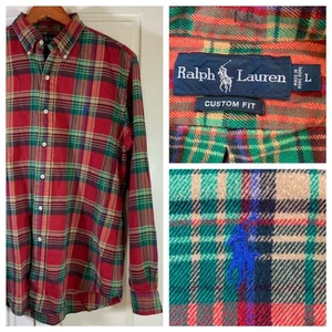 Camicia uomo Ralph Lauren su misura in flanella a quadri con bottoni taglia L - Foto 1 di 13