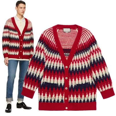 GUCCI MENS SWEATER ZIGZAG JACQUARD THICK WOOL KNITTED CARDIGAN $1,250 M Medium - Image 1 of 4