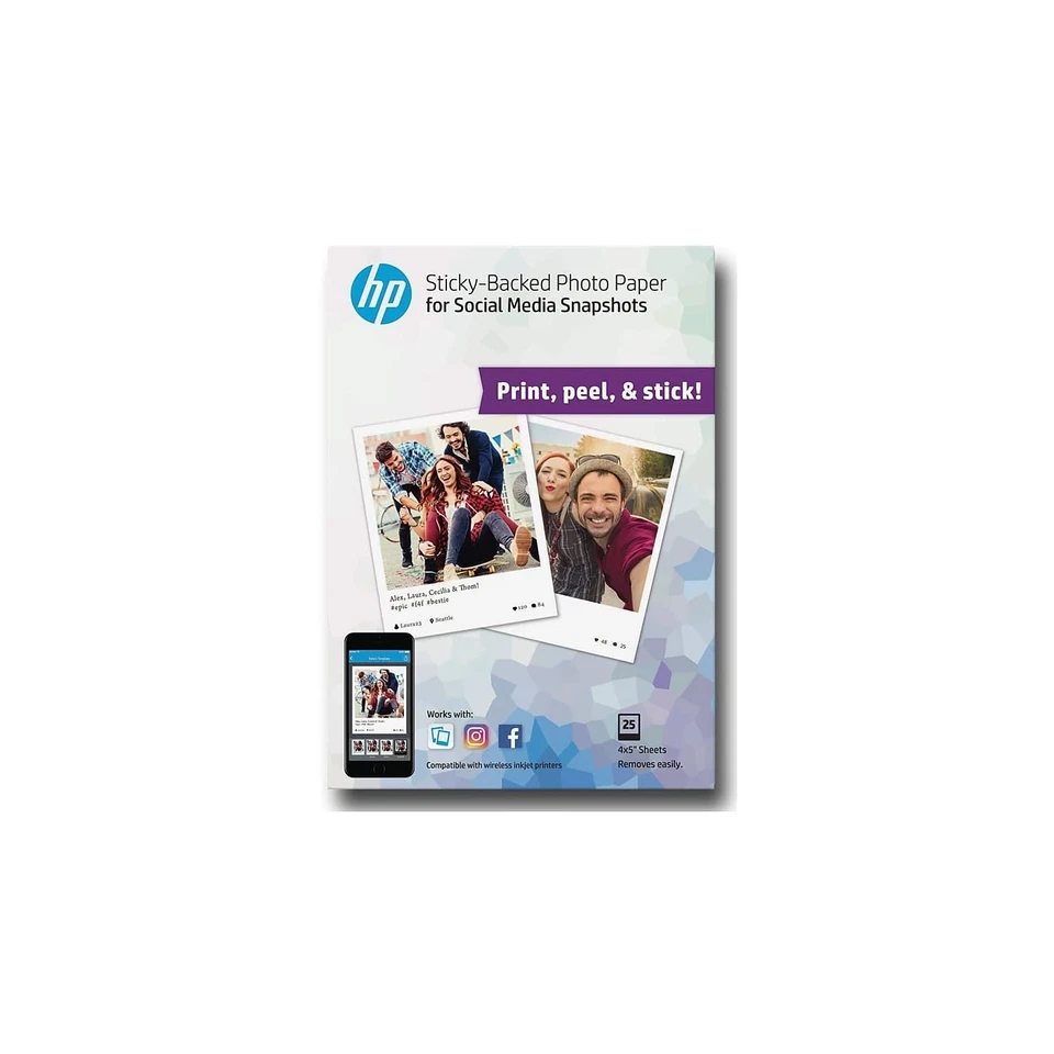 New HP Social Media Snapshots STICKY BACKED Photo Paper 4 x 5” 25 Sheets ~ NEW - Image 1 of 1