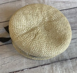 Vintage Straw Pillbox Woven Hat Braided 50s 60s Velvet Ribbon With Beads 22 MSC - Picture 1 of 20