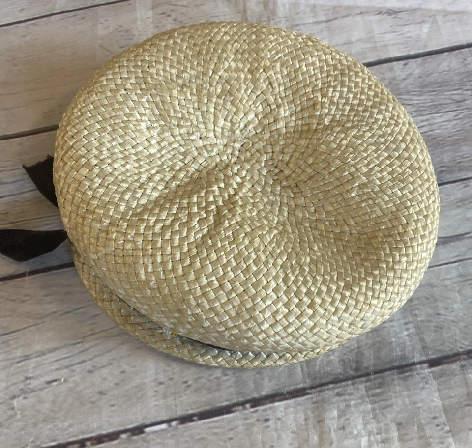 Vintage  Straw Pillbox Woven Hat Braided 50s 60s Velvet Ribbon With Beads 22 MSC - Image 1 of 4