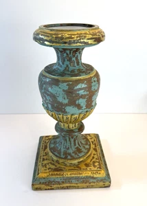 Pottery Barn lg Kerzenständer Holz geschnitzt französisch blau/gold distressed geriffelt - Bild 1 von 11