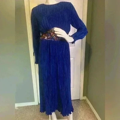 Nuit Vintage 80s Crepe Dress 10 Sequin Wasp Belt Blue Longsleeve Cocktail Formal - Image 1 of 4