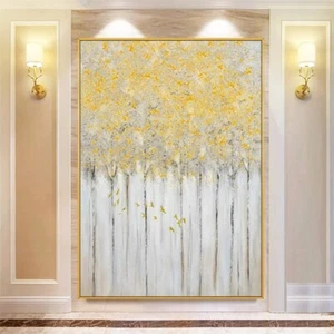 Large Abstract Tree Canvas Oil Painting Handmade Wall Art Gold Forest Artwork - Picture 1 of 3