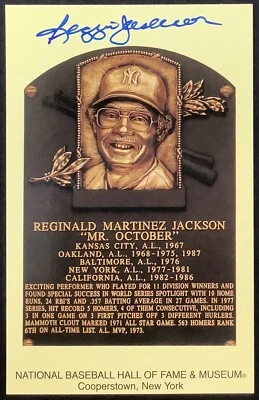 Reggie Jackson Signed Gold HOF Plaque Postcard Yellow Yankees Autograph JSA - Image 1 of 3