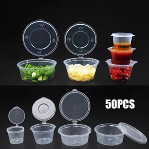 50pcs Plastic Takeaway Sauce Cup Container Food Box With Hinged Lid Supplies New - Picture 1 of 15