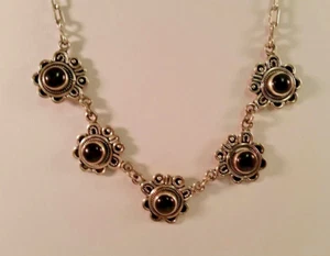 Sterling Silver Oval Link Necklace 5 Flower Style Pendants Purple Centers 16.25" - Picture 1 of 7