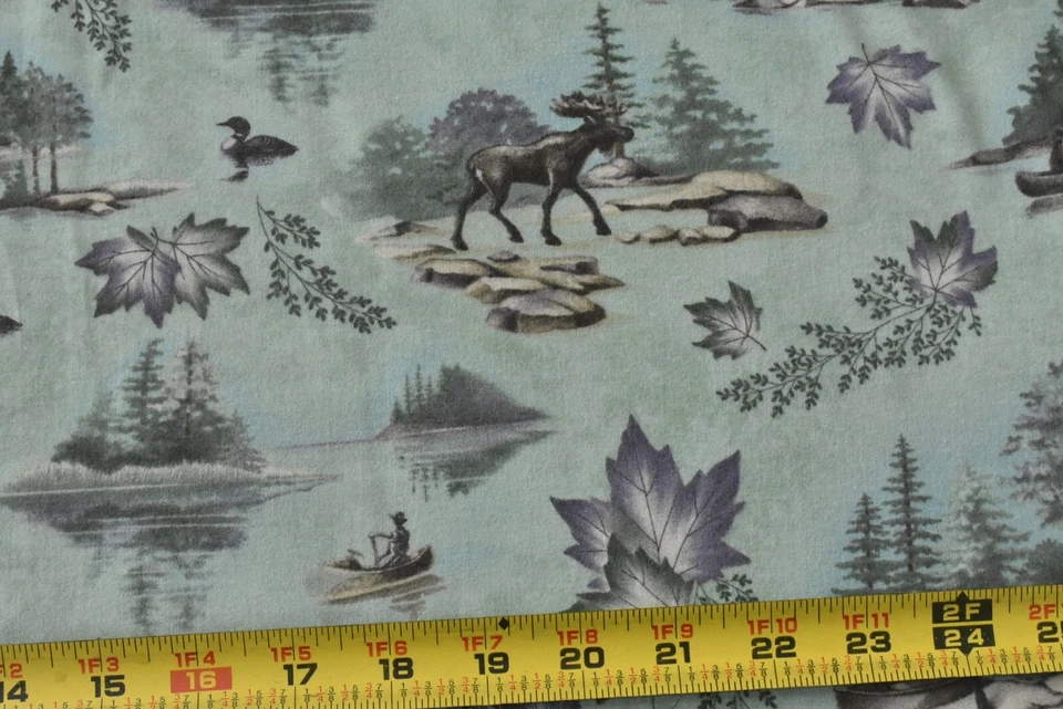 By 1/2 Yd, "Canoe Country" Scenes on Green Flannel, Moda, Holly Taylor, P8946 - Image 1 of 4