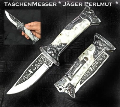 KaSul®A3188e| Jagt Motiv Taschen Messer Elegant Perlmutt-Griff Clip + Etui - Bild 1 von 4