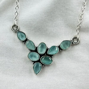 Blue Chalcedony Gemstone 925 Sterling Silver Handmade Necklace Jewelry 18" - Picture 1 of 4