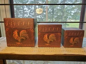 Lang Co. Bob's Boxes 3 Primitive Shimmel's Rooster Square Nesting Boxes w/ Lids  - Picture 1 of 5