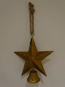Weihnachten Hänger Stern mit Glocke Metall Gold Vintage Look am Sisalseil - Bild 1 von 6
