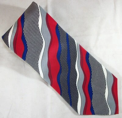 Corbata de cuello de seda a rayas onduladas rojas, azules y grises Stanley Blacker 57" L x 4" W (F144) Foto 1 de 3