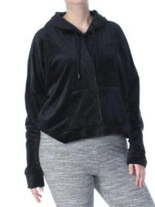 DKNY Womens Black Velour Cropped Hoodie Long Sleeve Sweater XL - Picture 1 of 3