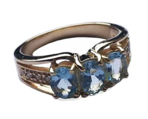 R245 Genuine 9K, 10K, 18K Solid Gold Natural Aquamarine & Diamond Trilogy Ring - Picture 1 of 5