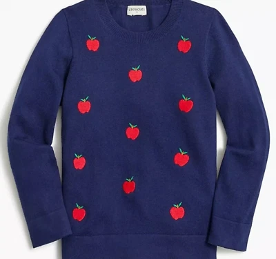 NOVO $69 CREWCUTS Suéter de Malha Azul Marinho Feminino Vermelho Bordado Maçãs Tamanho Grande 10-11 - Imagem 1 de 3
