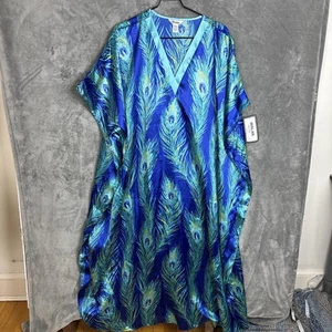 Winlar Caftan Womens 0S Blue Peacock Feathers Satin V Neck Kaftan - Picture 1 of 12
