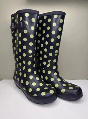 BOTAS DE LLUVIA L BEAN WELLIE MUJER TALLA " 7 AZUL CON LUNARES VERDES *LEER* Foto 1 de 4