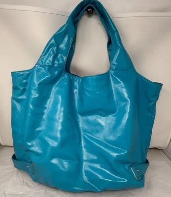 MAXX NY XX Majestic Hobo Turquoise Tote XL Shopper Shiny Coated Poly Zebra Lined - Image 1 of 4