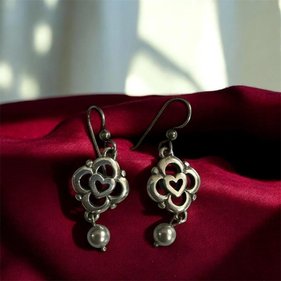 Brighton Love Lock Heart& Faux Pearl Retired French Wire Earrings 1” - Image 1 of 4