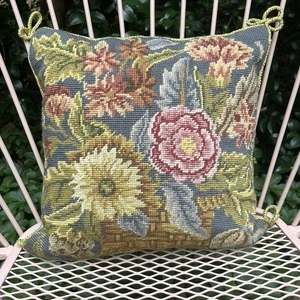 Vtg Needlepoint Pillow Floral Flowers in Basket Green Rope Decorative Edging - Picture 1 of 13