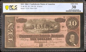 1864 $10 BILL CONFEDERATE CURRENCY CIVIL WAR NOTE PAPER MONEY T-68 PCGS 30 - Picture 1 of 2
