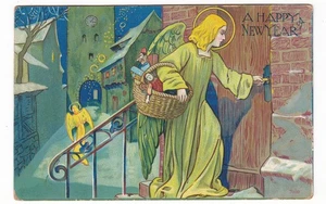antike Postkarte / Frohes Neues Jahr / Vaterzeit mit Spielzeugkorb / Engel / - Bild 1 von 2