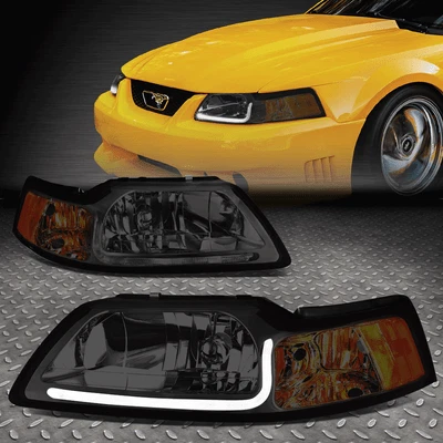 [LED DRL]FOR 1999-2004 FORD MUSTANG PAIR SMOKED HOUSING AMBER CORNER HEADLIGHT - Image 1 of 4
