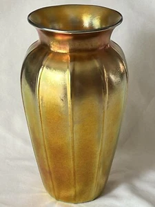 Signierte 10" Durand Kunstglas gerippt gold irisierende Glasvase NJ beschädigt - Bild 1 von 23