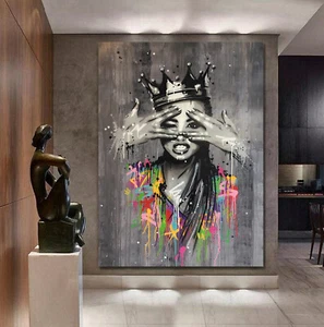 FRAMED PRINT ON STRETCHED CANVAS WOMAN QUEEN STREET POP ART LIKE WALL BANKSY - Picture 1 of 6