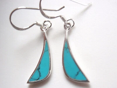 Blue Simulated Turquoise Crescent 925 Sterling Silver Dangle Earrings - Image 1 of 3
