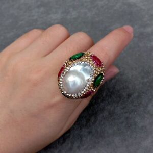 Freshwater Cultured Keshi Pearl Crystal Pave Ring For Engagement Women Gift