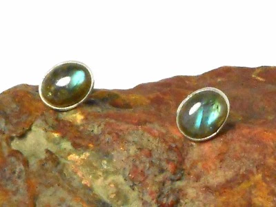 LABRADORITE  Sterling Silver 925 Gemstone Earrings / STUDS - 8 x 10 mm - Image 1 of 4