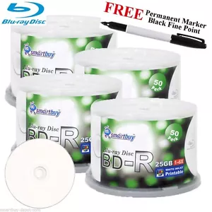 200 Smartbuy Blanco Inyección de Tinta Impresable 6X BD-R 25 GB Disco + Marcador Permanente Negro - Imagen 1 de 3