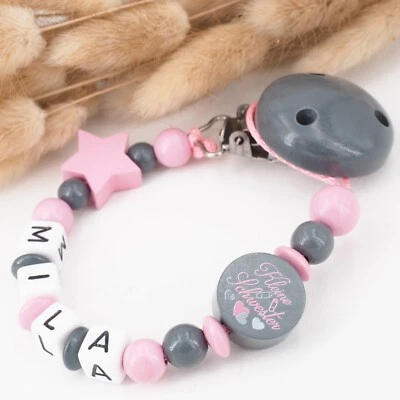 MOTZISBUNTEWELT Schnullerkette mit Namen kleine SCHWESTER STERN Mädchen rosa grau Babygeschenk