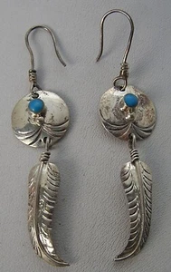 Vintage Sterling RL Navajo Disk Feather Dangle French Wire Turquoise Earrings - Picture 1 of 6