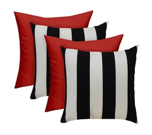 SET OF 4 - Outdoor Black/White Stripe and Solid Red Pillows - 17" x 17" - Picture 1 of 3