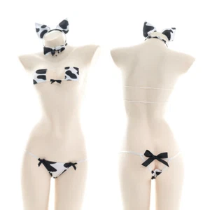 Kawaii Cow Print Bikini Suit Girl Sexy Sleepwear Women Cosplay Headwear Stocking - Picture 1 of 9