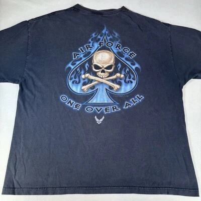 Vintage Y2K Air Force One Over All Black Flames Skull Graphic T-shirt Xl Faded - Image 1 of 4