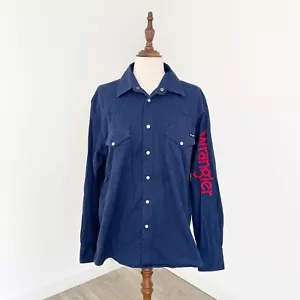 Wrangler Mens Logo Rodeo Shirt Long Sleeve Drill Western Pearl Snap Navy Size S - Picture 1 of 13