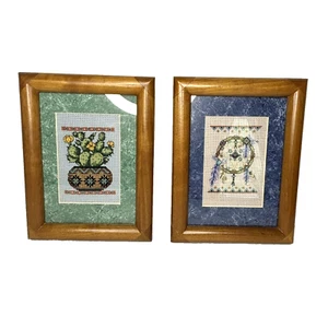 2 Southwest Needlepoint Art Native American Dreamcatcher Cactus Framed & Matted - Picture 1 of 9