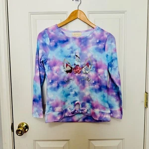 NEW BTWEEN 2-PIECE TIE DYE SEQUINS GLITTER UNICORN LONG SLEEVE TOP W KEYCHAIN - Picture 1 of 6