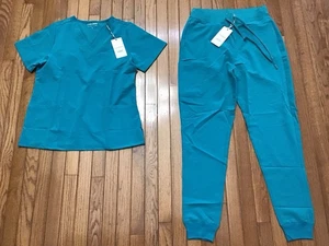 New Mandala Medium Teal High Waist Scrub Jogger Tall Pants Set, V-neck (Z8-1) - Picture 1 of 15