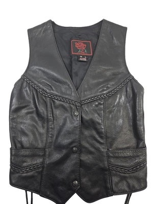 Vintage Black Leather Biker Vest, Lace-Up Sides, Women's M-L, Rose USA - Image 1 of 4