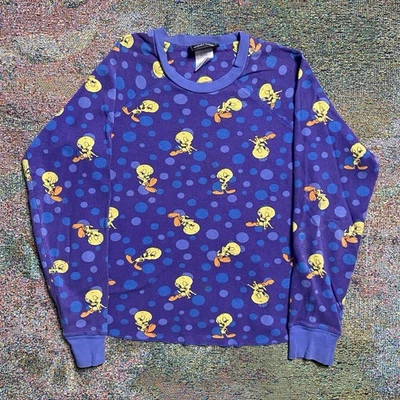 VTG Looney Tunes Small Knit Shirt Classic Tweety Purple Pajama Top Blue AOP - Image 1 of 4